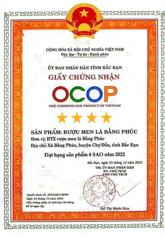 Hình ảnh giấy chứng nhận rượu men lá của Hợp tác xã Bằng Phúc Bắc Kạn