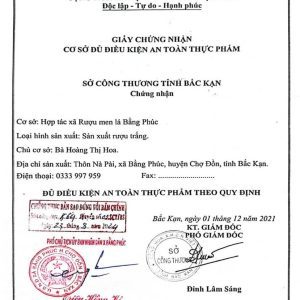 Hình ảnh giấy chứng nhận cơ sở đủ điều kiện an toàn thực phẩm của Rượu Men Lá Bằng Phúc Bắc Kạn