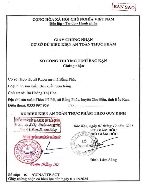 Hình ảnh giấy chứng nhận cơ sở đủ điều kiện an toàn thực phẩm của Rượu Men Lá Bằng Phúc Bắc Kạn
