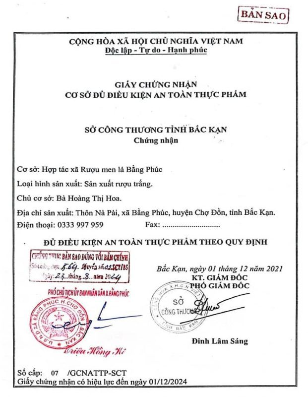 Hình ảnh giấy chứng nhận cơ sở đủ điều kiện an toàn thực phẩm của Rượu Men Lá Bằng Phúc Bắc Kạn