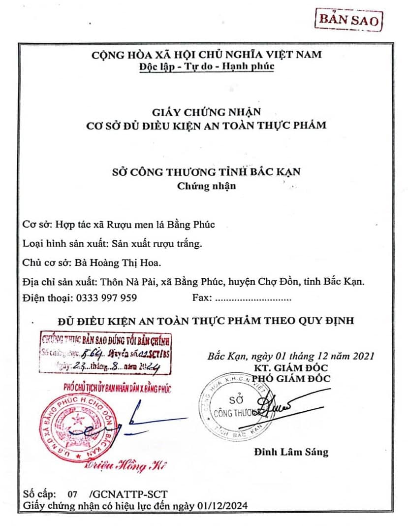 Hình ảnh giấy chứng nhận cơ sở đủ điều kiện an toàn thực phẩm của Rượu Men Lá Bằng Phúc Bắc Kạn