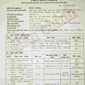 Giấy kiểm định rượu men lá Hợp tác xã Bằng Phúc Bắc Kạn