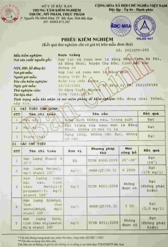 Giấy kiểm định rượu men lá Hợp tác xã Bằng Phúc Bắc Kạn