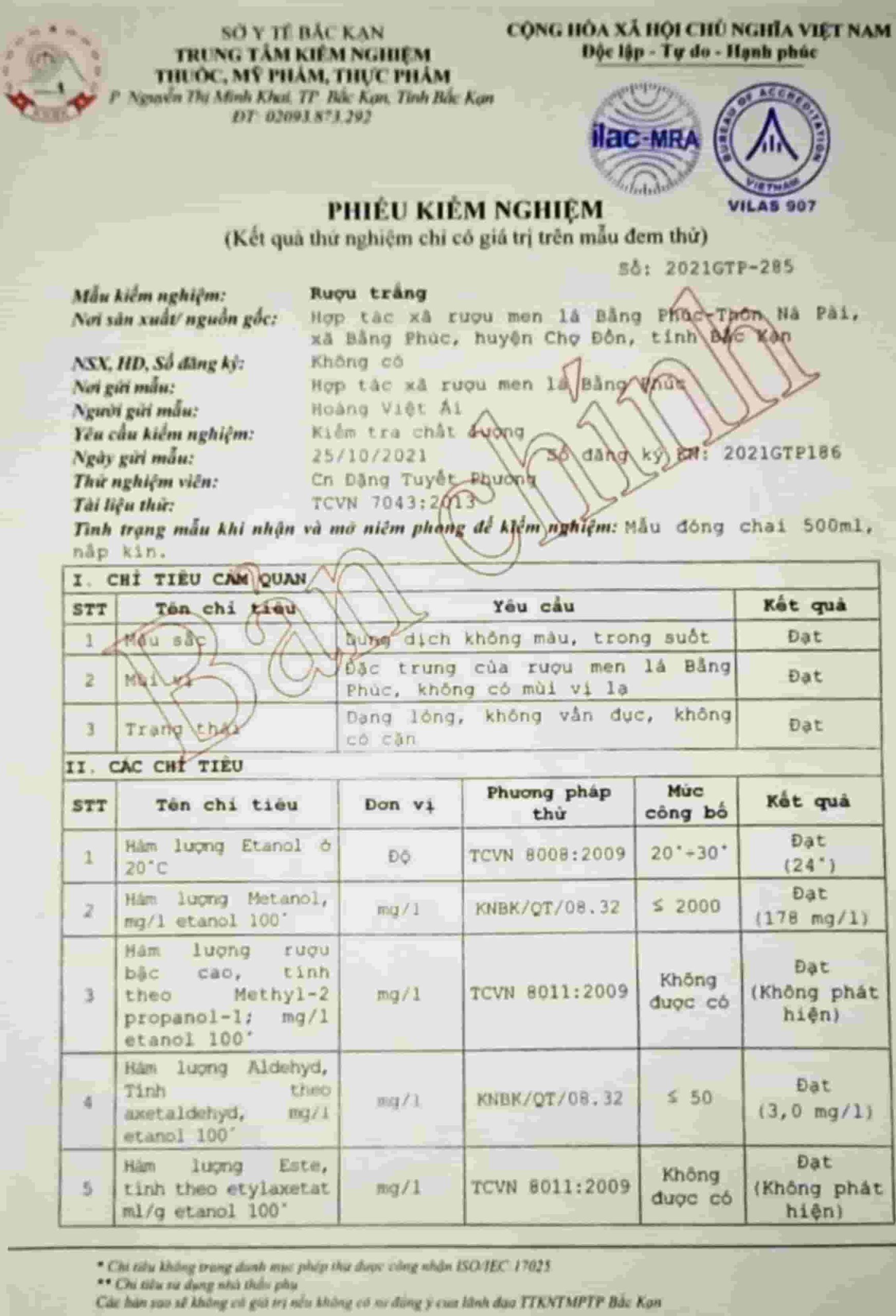 Giấy kiểm định rượu men lá Hợp tác xã Bằng Phúc Bắc Kạn